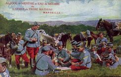 Postal Militaria una buena parte Baraja Publicidad Alcohol de hierbabuena y agua de toronjil Carmes del Hermano Mathias Marseille