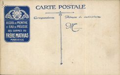 Postal Militaria una buena parte Baraja Publicidad Alcohol de hierbabuena y agua de toronjil Carmes del Hermano Mathias Marseille