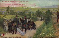 Postal Militaria Nuestros 75 en acción Canon Publicidad Alcohol de hierbabuena y agua de toronjil Carmes del Hermano Mathias Marseille