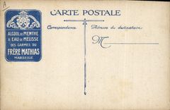 Postal Militaria Húsares ingleses que va al frente Publicidad Alcohol de hierbabuena y agua de toronjil Carmes del Hermano Mathias Marseille