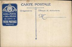 Postal Militaria Infantería en observación Publicidad Alcohol de hierbabuena y agua de toronjil Carmes del Hermano Mathias Marseille