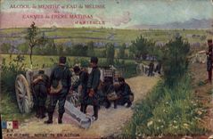 Postal Militaria Nuestros 75 en acción Publicidad Alcohol de hierbabuena y agua de toronjil Carmes del Hermano Mathias Marseille