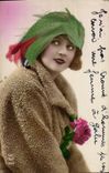Vintage Postcard Fantasy Flowers Woman (hat decoration in relief)