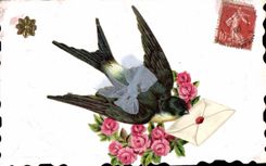 CPA Fantaisie Fleurs Hirondelle 