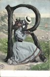 Vintage Postcard Fantasy Woman Letters Letter R