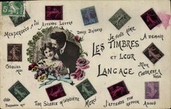 CPA Fantaisie Le timbres et leur Langage Semeuse 5c 10c 