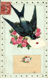 Vintage Postcard Brodee Fantasy Flowers Swallow