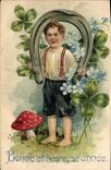 Vintage Postcard Fantaisie Flowers Child Clover Horseshoe