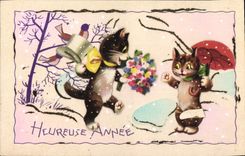Vintage Postcard Fantasy Flowers Cats Cat Kitten