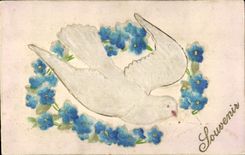 Vintage Postcard Fantasy Flowers Dove (decoration in fabric relief)