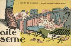 Vintage Postcard Militaria Puzzle In the barrack room to take the train