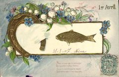Vintage Postcard Fantaisie Flowers Poisson April 1st Horseshoe