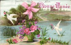 Vintage Postcard Fantasy Flowers Doves Bonen year