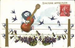 Vintage Postcard Pierrot Pierrots Guitar