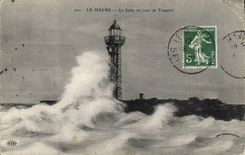Vintage Postcard Le Havre the pier one day of storm Headlight