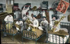 Vintage Postcard Militaria Infantry Musicians preparing for the concert Coppers Saxophone Tuba