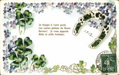 CPA Fantaisie Fleurs Trefles Fer a cheval