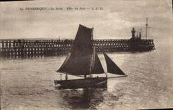 Vintage Postcard Dunkirk Headlight the pier Night effect Boat