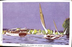 CPA Fantaisie Illustrateur Haffner Bateau Regates en riviere et cruiser automobile 