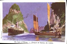 CPA Fantaisie Illustrateur Haffner Bateau de Guerre en Baie d'Along Jonque et bateau de riviere