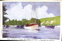 CPA Fantaisie Illustrateur Haffner Bateau Une arrivee au Camp des Pilotins CPSF a Bouafles les Andelys