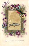CPA Fantaisie Fleurs Poisson Oiseau