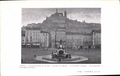 CPA Publicite Le Puy Vue panoramique de la ville La place du Breuil La fontaine Crozatier La cathedrale Notre Dame de France Maurin Quina Boulevard Gambetta Le Puy