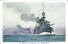 CPA Fantaisie Illustrateur Haffner Bateau de Guerre La division Guepratte aux Dardanelles 