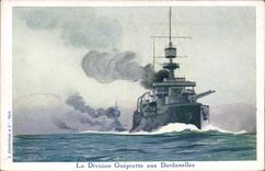 CPA Fantaisie Illustrateur Haffner Bateau de Guerre La division Guepratte aux Dardanelles 