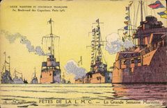 CPA Fantaisie Illustrateur Haffner Bateau de Guerre Fetes de la LMC La grande semaine maritime 