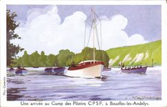 CPA Fantaisie Illustrateur Haffner Bateau Une arrivee au camp des Pilotins CPSF a Bouafles les Andelys 