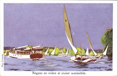 CPA Fantaisie Illustrateur Haffner Bateau Regates en riviere et cruiser automobile 