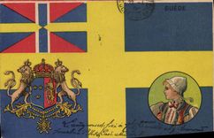 CPA Drapeau Femme Suede Sweden Lion
