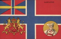 CPA Drapeau Femme Norvege Norway Lion