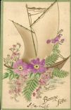 Vintage Postcard Fantasy Flowers Sailing Boat