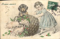 CPA Fantaisie Illustrateur Enfant Chien Cochon Porc
