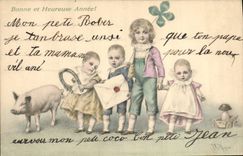 Postal Fantasia Ilustrador Niños Trébol Hierro tiene caballo seta Perro Cerdo Cerdo