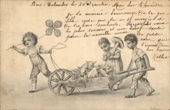 CPA Fantaisie Illustrateur Enfants Trefle Cochon Porc