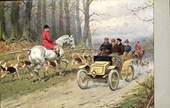 Postal Fantasia Ilustrador Desenvuelto Perros Automóvil Caza