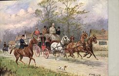 CPA Fantaisie Illustrateur Caleche Chevaux Chien