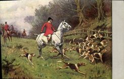 CPA Fantaisie Illustrateur Chiens Chasse Cheval