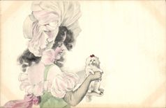 CPA Fantaisie Illustrateur Femme Chien