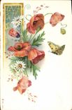 CPA Fantaisie Fleurs Papillon 