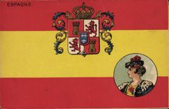 CPA Drapeau Femme Espagne Lion