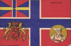 CPA Drapeau Femme Norvege Norway Lion