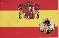 CPA Drapeau Femme Espagne Lion
