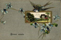 CPA Fantaisie Fleurs Hirondelle