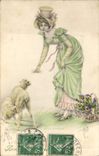 CPA Fantaisie Femme Illustrateur Agneau