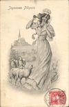 CPA Fantaisie Femme Illustrateur Paques Agneaux