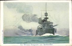 CPA Illustrateur Haffner Bateau de guerre La division Guepratte aux Dardanelles